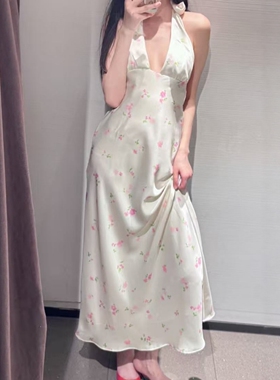 ZA外贸出口女新款绑带小碎花垂顺丝缎质感花朵迷笛连衣裙2742306