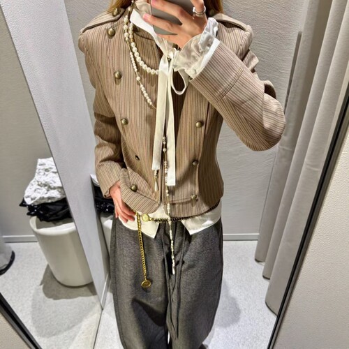 排扣装饰海军风条纹修身西装外套