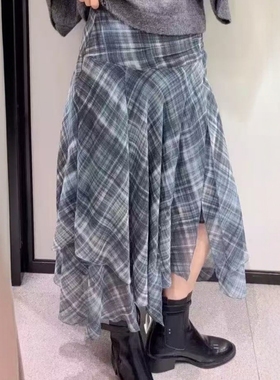 ZA外贸出口女装双层薄纱飘逸波浪格纹不对称格纹迷笛裙 9755324