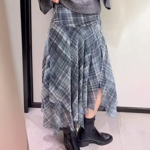 ZA外贸出口女装 9755324 双层薄纱飘逸波浪格纹不对称格纹迷笛裙