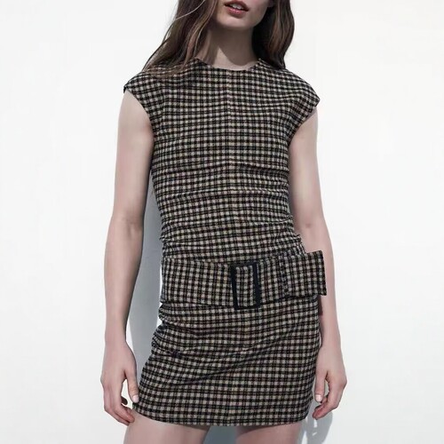 格子腰带饰无袖短款连衣裙