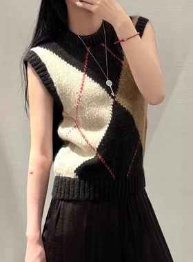 ZA外贸出口女装休闲圆领菱形纹针织背心式上衣毛衣马甲 6771110