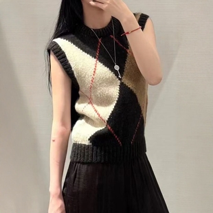 6771110 上衣毛衣马甲 ZA外贸出口女装 休闲圆领菱形纹针织背心式