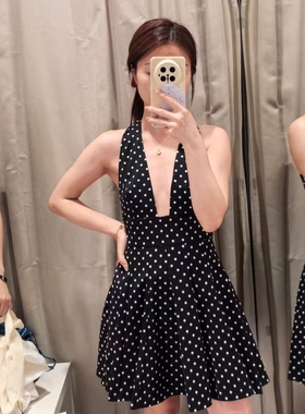 ZA外贸出口女装美式辣妹甜美波点系带挂脖领短连衣裙4661231