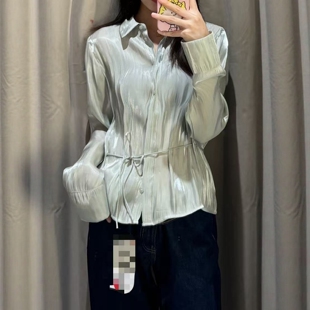 ZA外贸出口女亮光金属感效果配细绳腰带休闲宽松衬衫 537 4387801