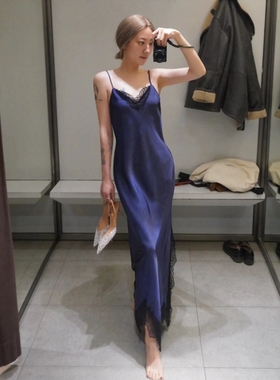 ZA外贸出口新品女装丝缎亮面V领细吊带无袖气质蕾丝连衣裙5063863