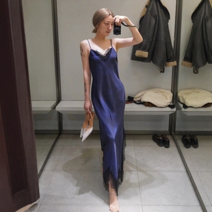 气质蕾丝连衣裙5063863 丝缎亮面V领细吊带无袖 ZA外贸出口新品 女装