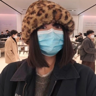 051 豹纹印花人造皮草效果帽子3920938 ZA外贸出口3920936新品 女装