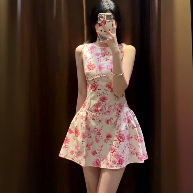 ZA外贸出口新品气质感女装府绸映山红印花连体裤式连衣裙2524026
