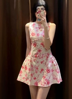 ZA外贸出口新品气质感女装府绸映山红印花连体裤式连衣裙2524026