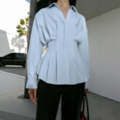 收腰翻领腰部打褶小众设计感府绸衬衫 ZA外贸出口女装 新款 2110534