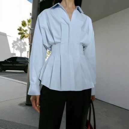 ZA外贸出口女装新款收腰翻领腰部打褶小众设计感府绸衬衫2110534