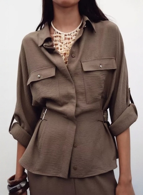 ZA外贸出口女装美式复古侧面搭扣游猎装款衬衫8130568