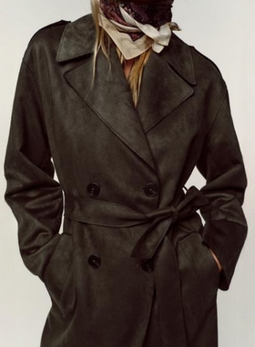 ZA外贸出口美式辣妹穿搭高级感通勤反绒皮效果长款风衣女 4968230