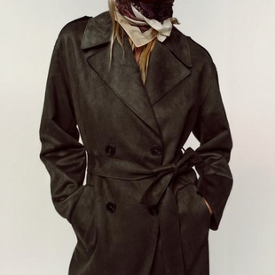 4968230 风衣女 ZA外贸出口美式 辣妹穿搭高级感通勤反绒皮效果长款