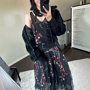 ZA外贸出口女装 3731842 双层复古手工缝线古典风真丝印花连衣裙