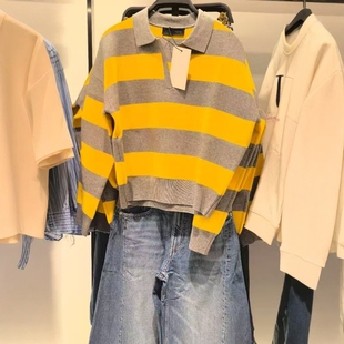 针织衫 领休闲宽松大码 5536162 黄色大条纹POLO衫 ZA外贸出口女装