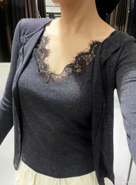 ZA外贸出口女装基础款叠穿假两件纯棉质蕾丝拼接外套上衣5644929