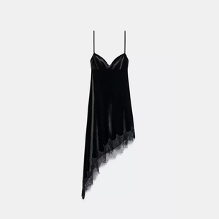 ZA外贸出口女装 4772251 性感大露背不对称天鹅绒蕾丝迷笛连衣裙