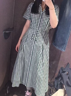 ZA外贸出口女装通勤风POLO款细腰带小网格衬衣式连衣裙 2507041