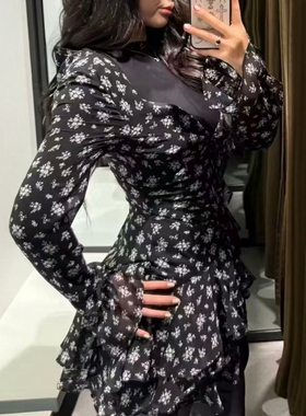 ZA外贸出口女装双层复古喇叭袖印花叠层装饰连衣裙2180239 084