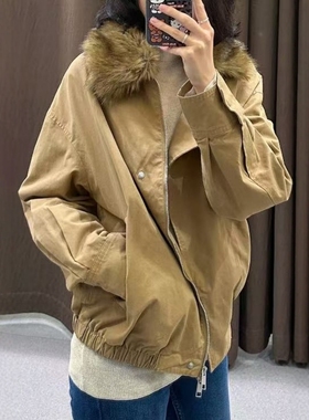 ZA外贸出口女装简洁素面人造皮草大翻领飞行员夹克外套 0155248