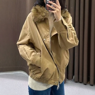 ZA外贸出口女装 0155248 简洁素面人造皮草大翻领飞行员夹克外套