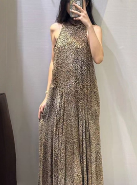 ZA外贸出口女系垂顺网纱质感带内衬豹纹印花挂脖领连衣裙8753008