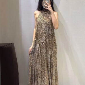 ZA外贸出口女系垂顺网纱质感带内衬豹纹印花挂脖领连衣裙8753008