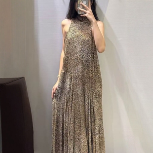 ZA外贸出口女系垂顺网纱质感带内衬豹纹印花挂脖领连衣裙8753008