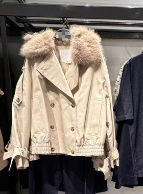 ZA外贸出口新品秋冬毛毛领卷边袖双排扣短款防水风衣3811243 712