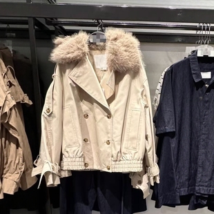 防水风衣3811243 双排扣短款 712 秋冬毛毛领卷边袖 ZA外贸出口新品