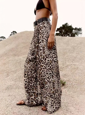 ZA外贸出口新品豹纹印花配腰带丝缎质感阔腿休闲裤女 7965266 051