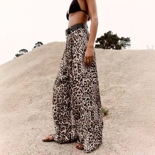 7965266 女 051 豹纹印花配腰带丝缎质感阔腿休闲裤 ZA外贸出口新品