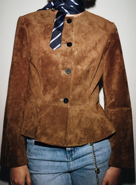 ZA外贸出口骆驼色美拉德穿搭微收腰反绒质感夹克外套6318232 776