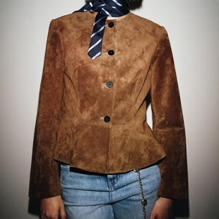 ZA外贸出口骆驼色美拉德穿搭微收腰反绒质感夹克外套6318232 776