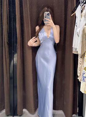 ZA外贸出口新款女装后背交叉装饰晚礼服丝缎质感连衣裙8226748