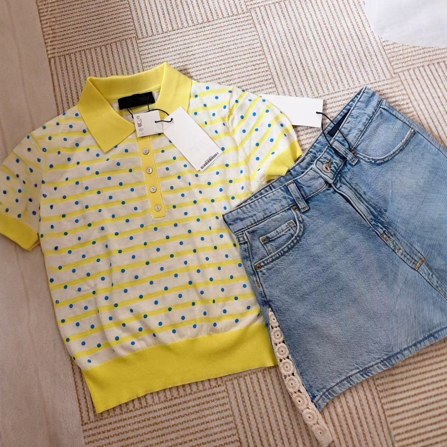 ZA外贸出口女装新品蓝色小波点拼接休闲条纹针织POLO衫 9598070