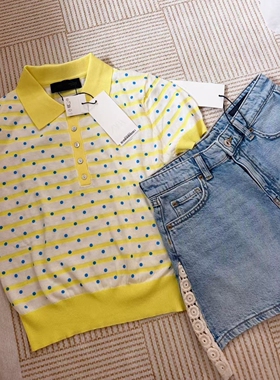 ZA外贸出口女装新品蓝色小波点拼接休闲条纹针织POLO衫 9598070