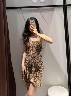 ZA外贸出口秋季辣妹风绑带装饰豹纹内衣式短款连衣裙女5039279