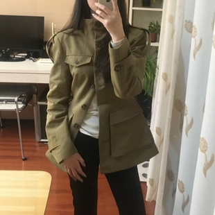 ZA外贸出口浅卡其美式 伐木风微收腰绊带饰口袋外套4341718 工装