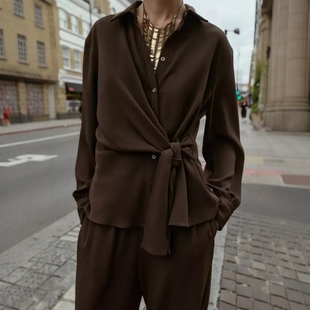 ZA外贸出口女装 8931572 2298220咖色休闲舒适打结饰绉布衬衫