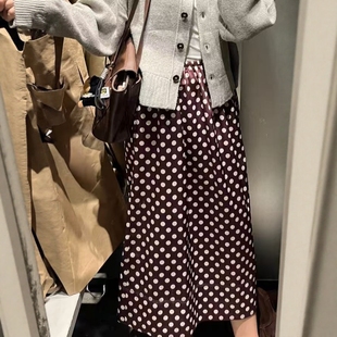 ZA外贸出口女装 8575082 休闲咖啡底色休闲高腰A字波点迷笛半身裙