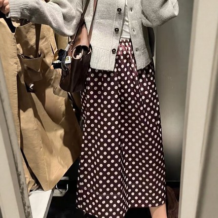 ZA外贸出口女装休闲咖啡底色休闲高腰A字波点迷笛半身裙 8575082