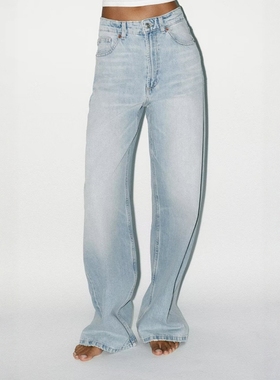 ZA外贸出口女装基础款淡蓝色高腰超宽裤腿牛仔裤3607027