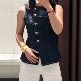 新款 背心6147178 排扣竖线装 牛仔修身 407 饰无袖 ZA外贸出口女装
