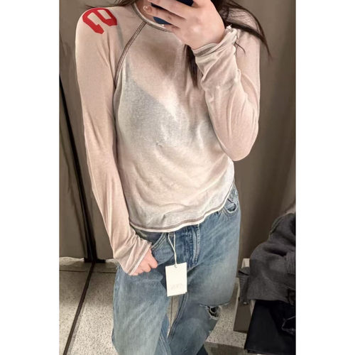 撞色圆领数字印花拼接半透明T恤