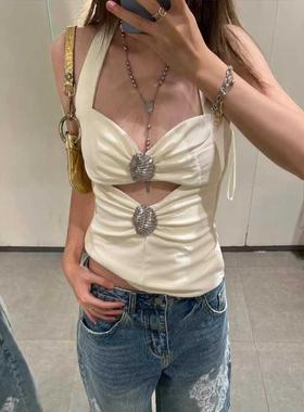 ZA外贸出口秋季新款女装贝壳装饰开口设计挂脖领上衣吊带4764010