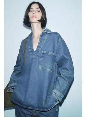 ZA外贸出口秋冬新款女款通勤单口袋装饰POLO衫领牛仔衬衫 8307248