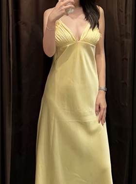 ZA外贸出口女装深V吊带丝缎质感褶皱迷笛明黄色垂顺连衣裙2309533